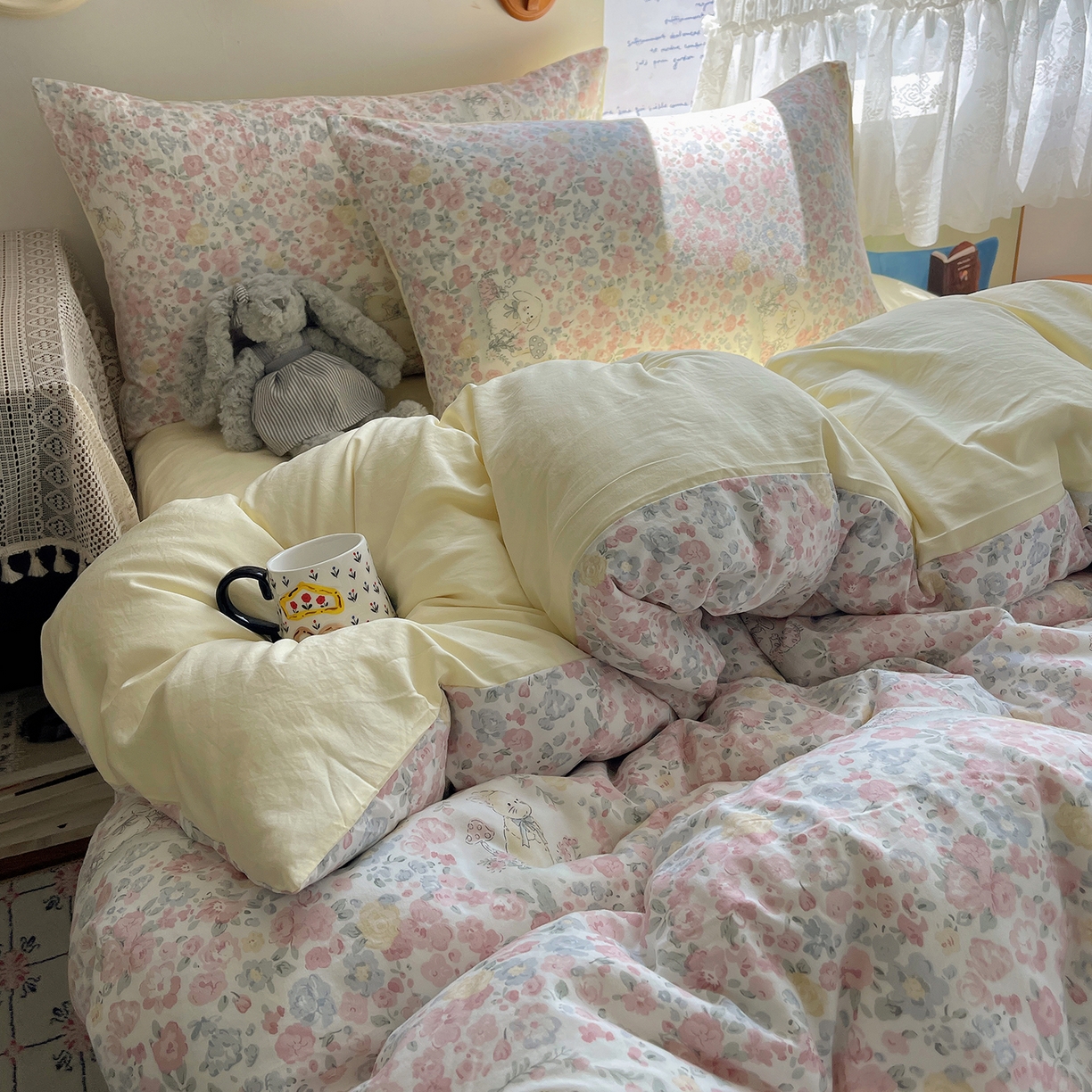 91家纺网 家纺一手货源 找家纺 沐芷 2025 开学季水洗棉四件套A类 卡通简约风超柔舒适三件套 幸运可爱兔