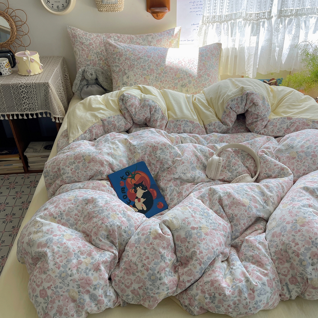 91家纺网 家纺一手货源 找家纺 沐芷 2025 开学季水洗棉四件套A类 卡通简约风超柔舒适三件套 幸运可爱兔