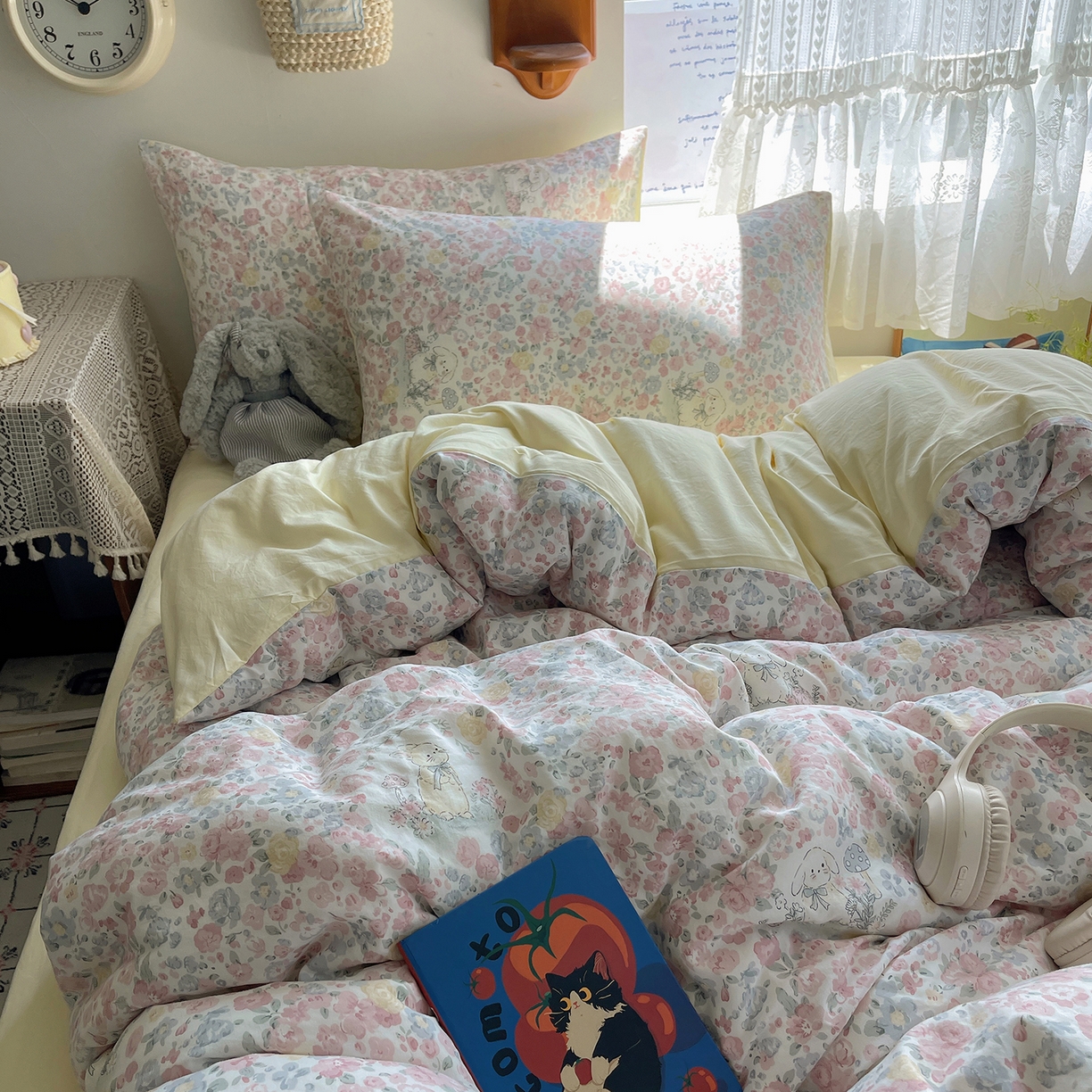 91家纺网 家纺一手货源 找家纺 沐芷 2025 开学季水洗棉四件套A类 卡通简约风超柔舒适三件套 幸运可爱兔