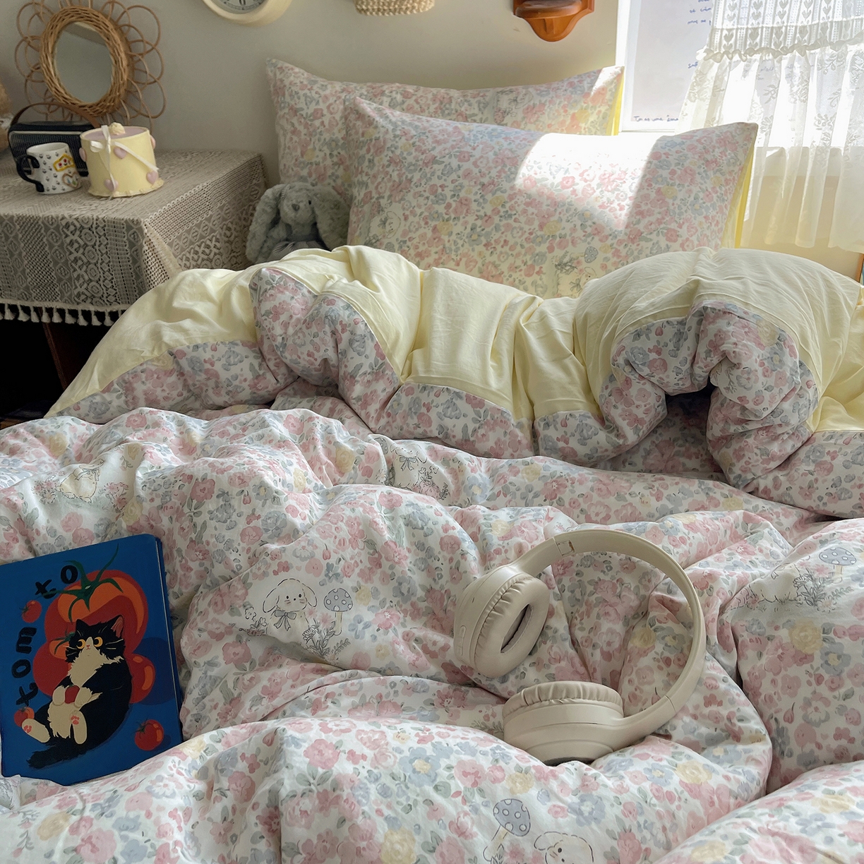 91家纺网 家纺一手货源 找家纺 沐芷 2025 开学季水洗棉四件套A类 卡通简约风超柔舒适三件套 幸运可爱兔