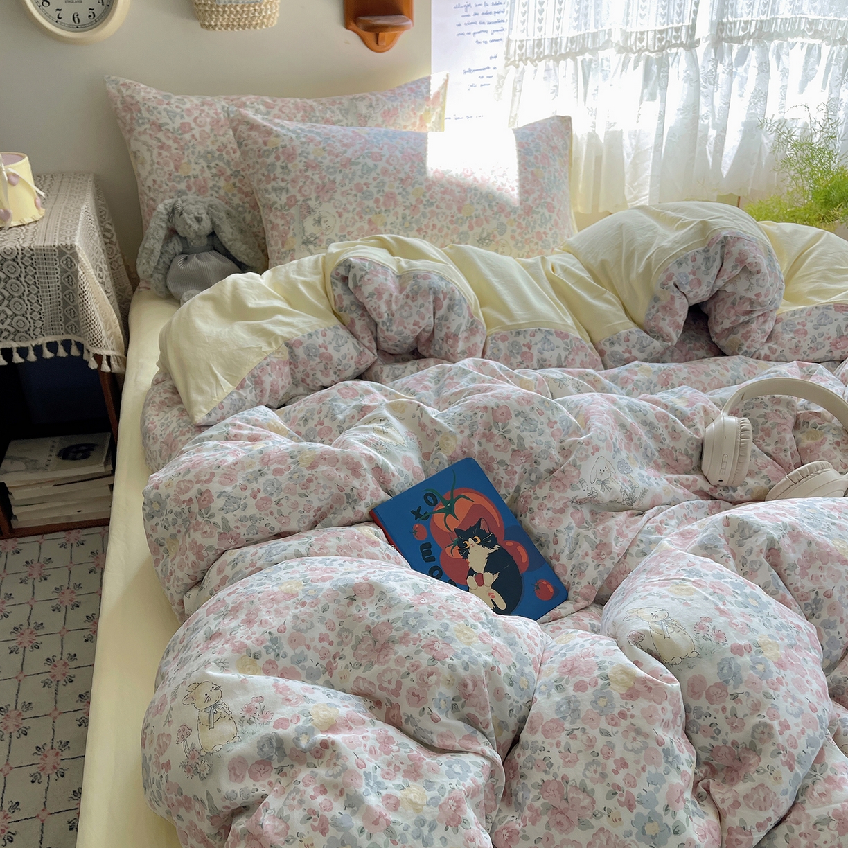 91家纺网 家纺一手货源 找家纺 沐芷 2025 开学季水洗棉四件套A类 卡通简约风超柔舒适三件套 幸运可爱兔