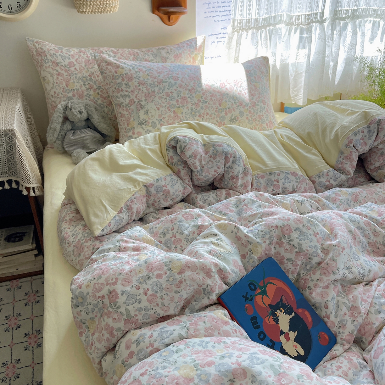 91家纺网 家纺一手货源 找家纺 沐芷 2025 开学季水洗棉四件套A类 卡通简约风超柔舒适三件套 幸运可爱兔