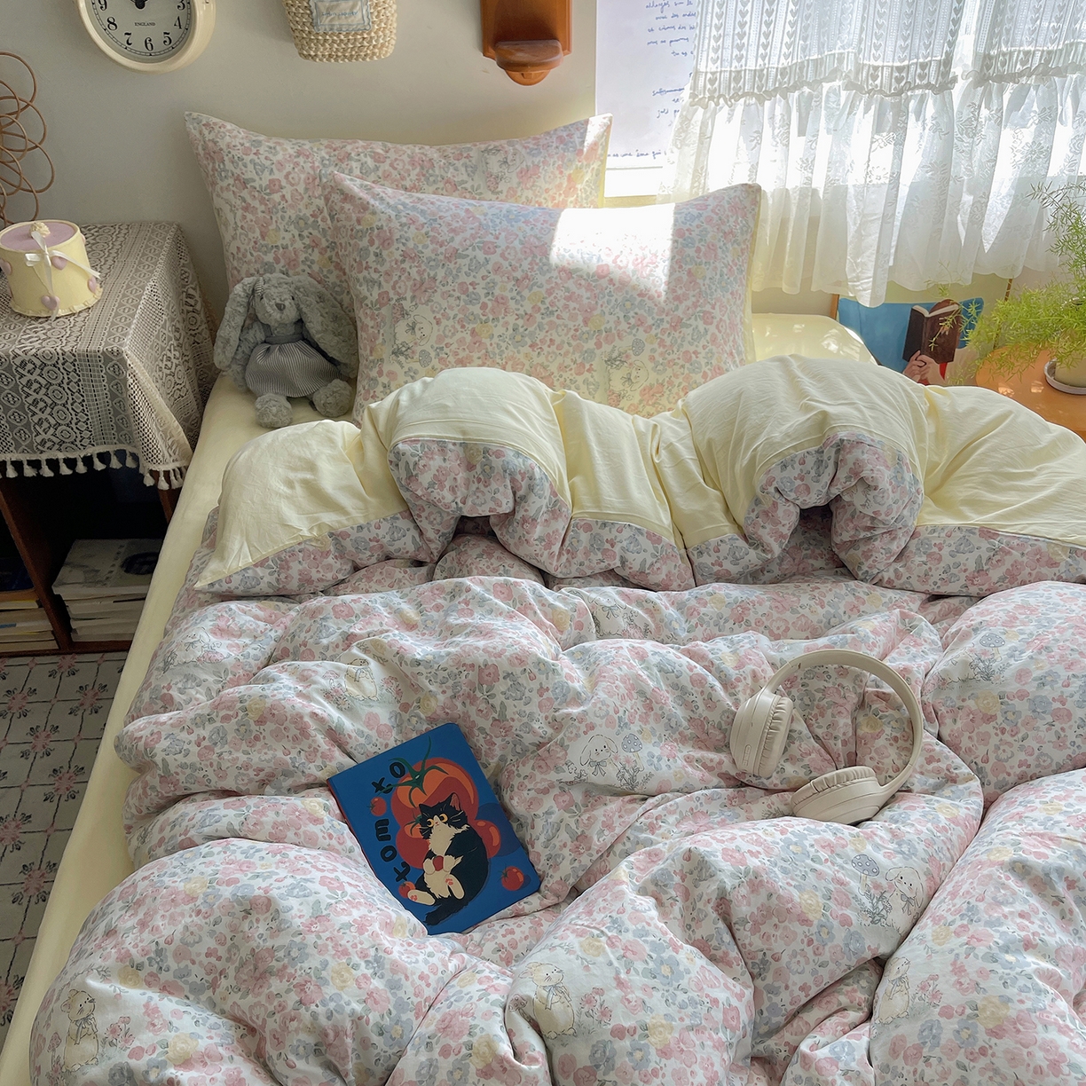 91家纺网 家纺一手货源 找家纺 沐芷 2025 开学季水洗棉四件套A类 卡通简约风超柔舒适三件套 幸运可爱兔