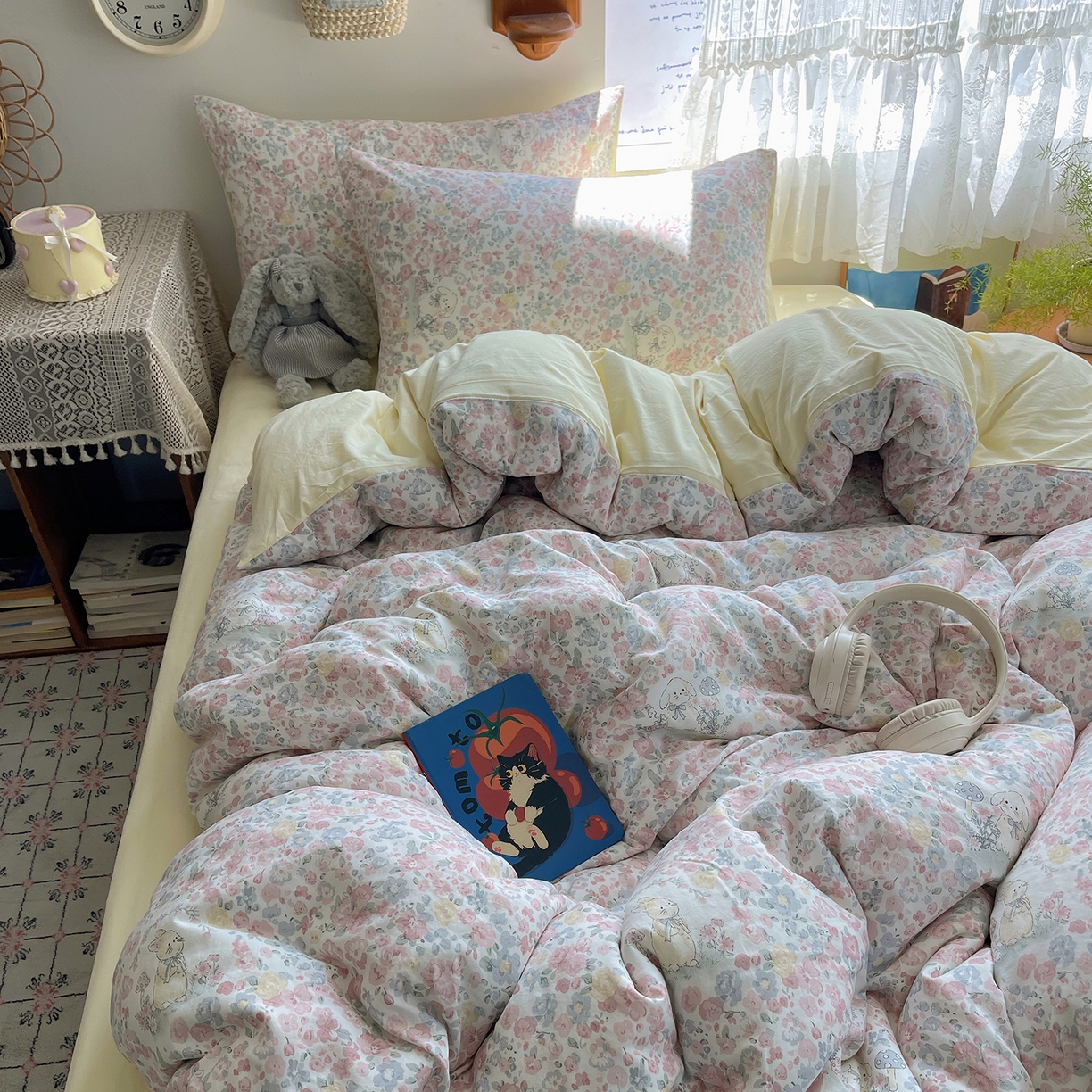 91家纺网 家纺一手货源 找家纺 沐芷 2025 开学季水洗棉四件套A类 卡通简约风超柔舒适三件套 幸运可爱兔