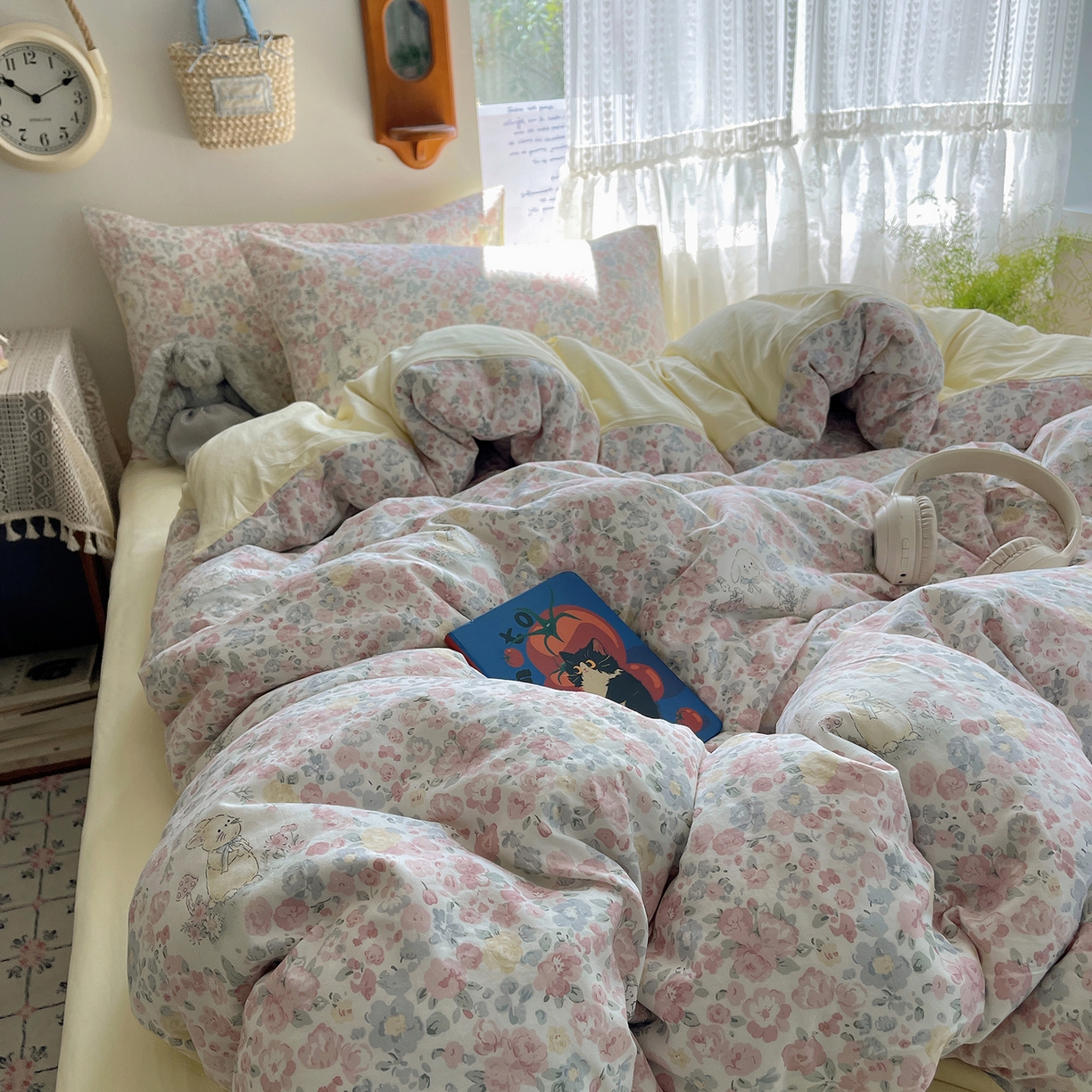 91家纺网 家纺一手货源 找家纺 沐芷 2025 开学季水洗棉四件套A类 卡通简约风超柔舒适三件套 幸运可爱兔