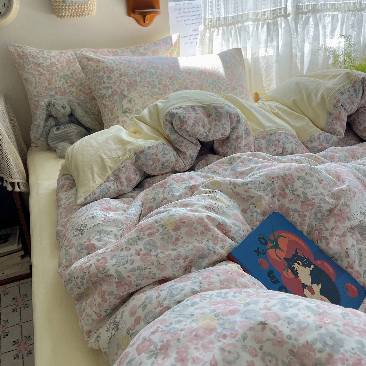 91家纺网 家纺一手货源 找家纺 沐芷 2025 开学季水洗棉四件套A类 卡通简约风超柔舒适三件套 幸运可爱兔