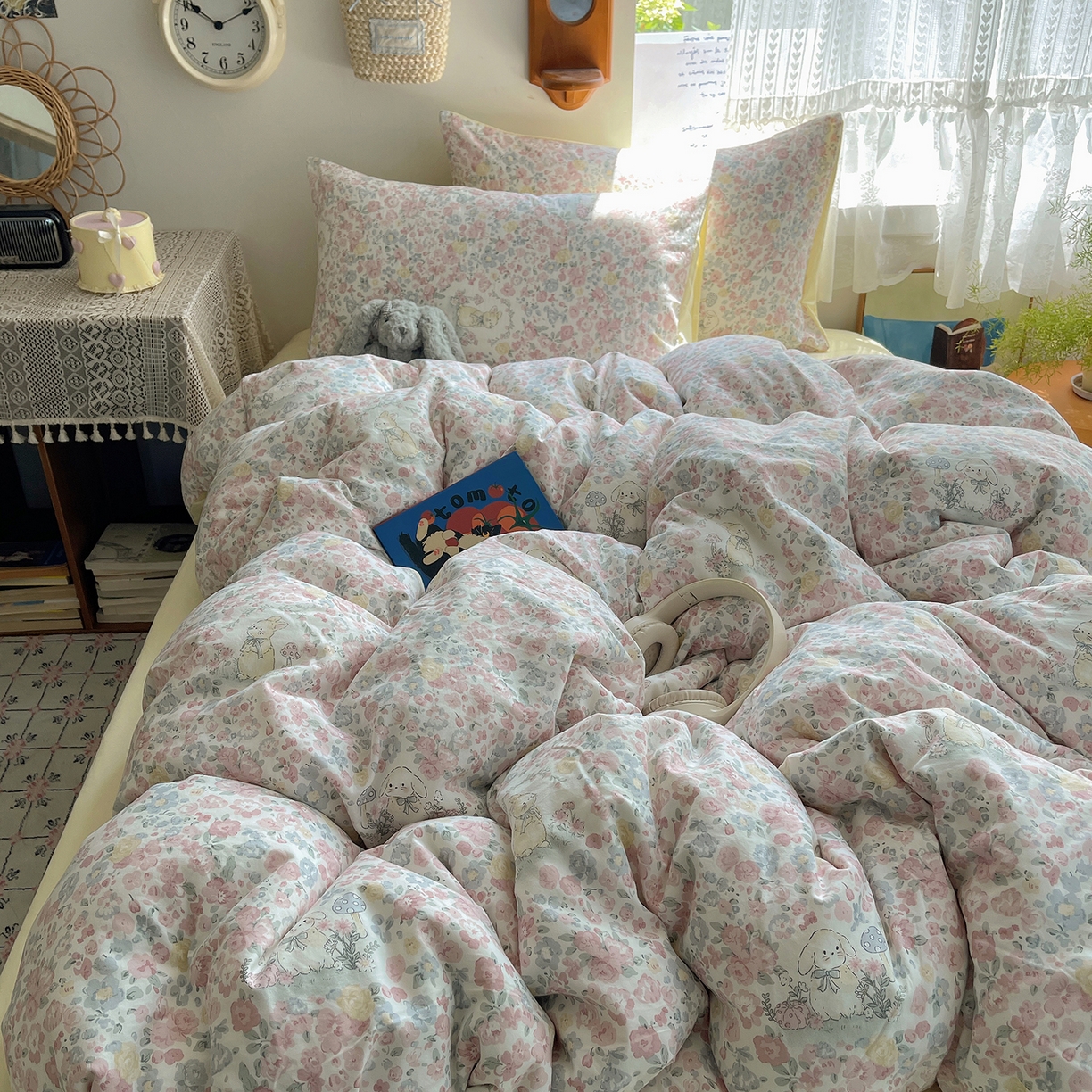 91家纺网 家纺一手货源 找家纺 沐芷 2025 开学季水洗棉四件套A类 卡通简约风超柔舒适三件套 幸运可爱兔