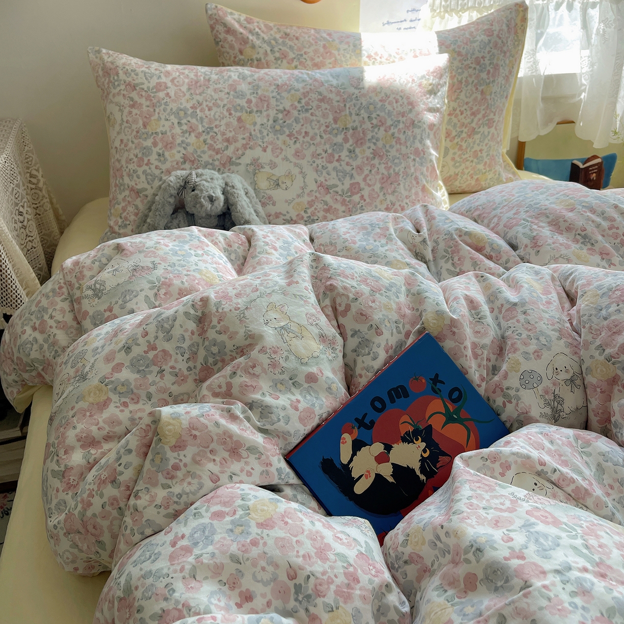 91家纺网 家纺一手货源 找家纺 沐芷 2025 开学季水洗棉四件套A类 卡通简约风超柔舒适三件套 幸运可爱兔