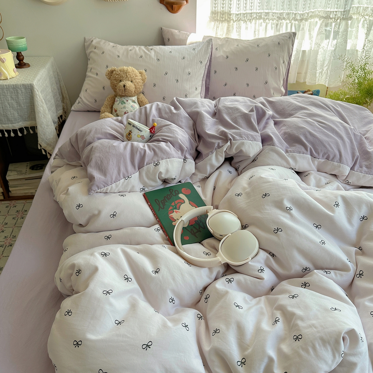 91家纺网 家纺一手货源 找家纺 沐芷 2025 开学季水洗棉四件套A类 卡通简约风超柔舒适三件套 紫色蝴蝶结