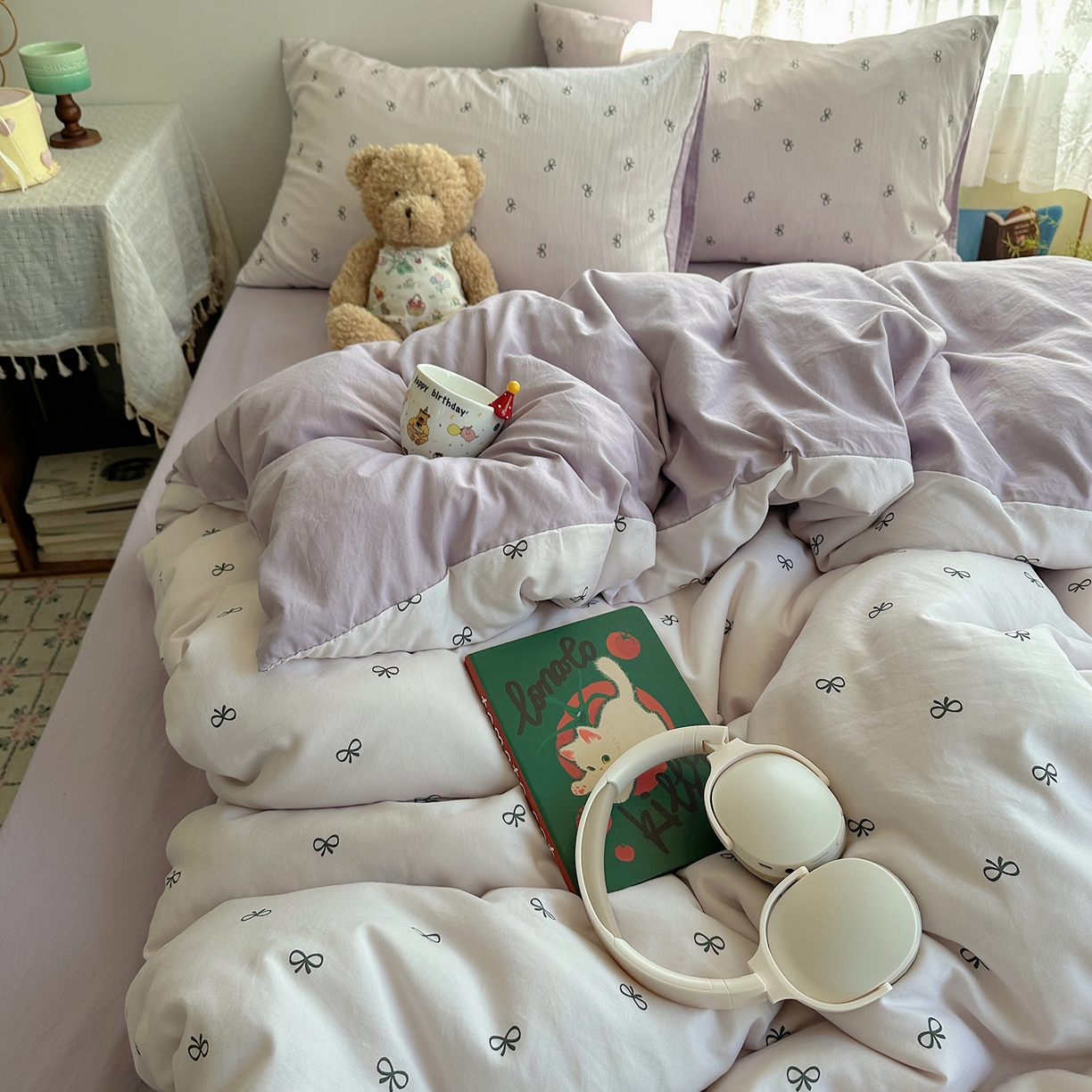 91家纺网 家纺一手货源 找家纺 沐芷 2025 开学季水洗棉四件套A类 卡通简约风超柔舒适三件套 紫色蝴蝶结