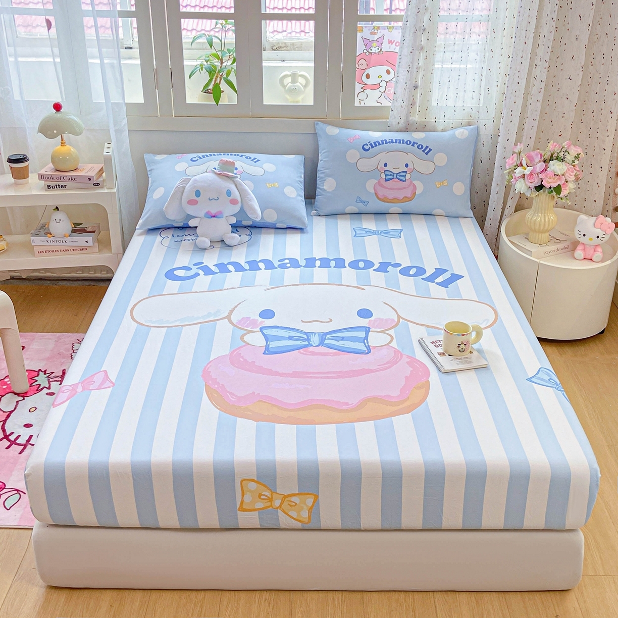 91家纺网 家纺一手货源 找家纺 博雅 2025春夏新款三丽欧大版全棉纯棉单品床笠床笠单件单床笠 全棉大版-蝴蝶结条纹玉桂狗