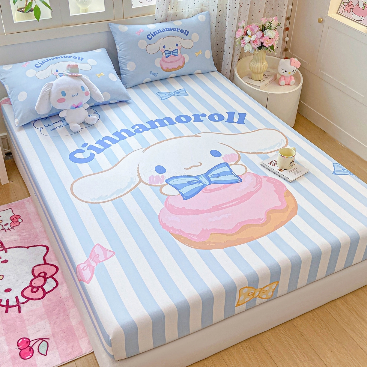 91家纺网 家纺一手货源 找家纺 博雅 2025春夏新款三丽欧大版全棉纯棉单品床笠床笠单件单床笠 全棉大版-蝴蝶结条纹玉桂狗