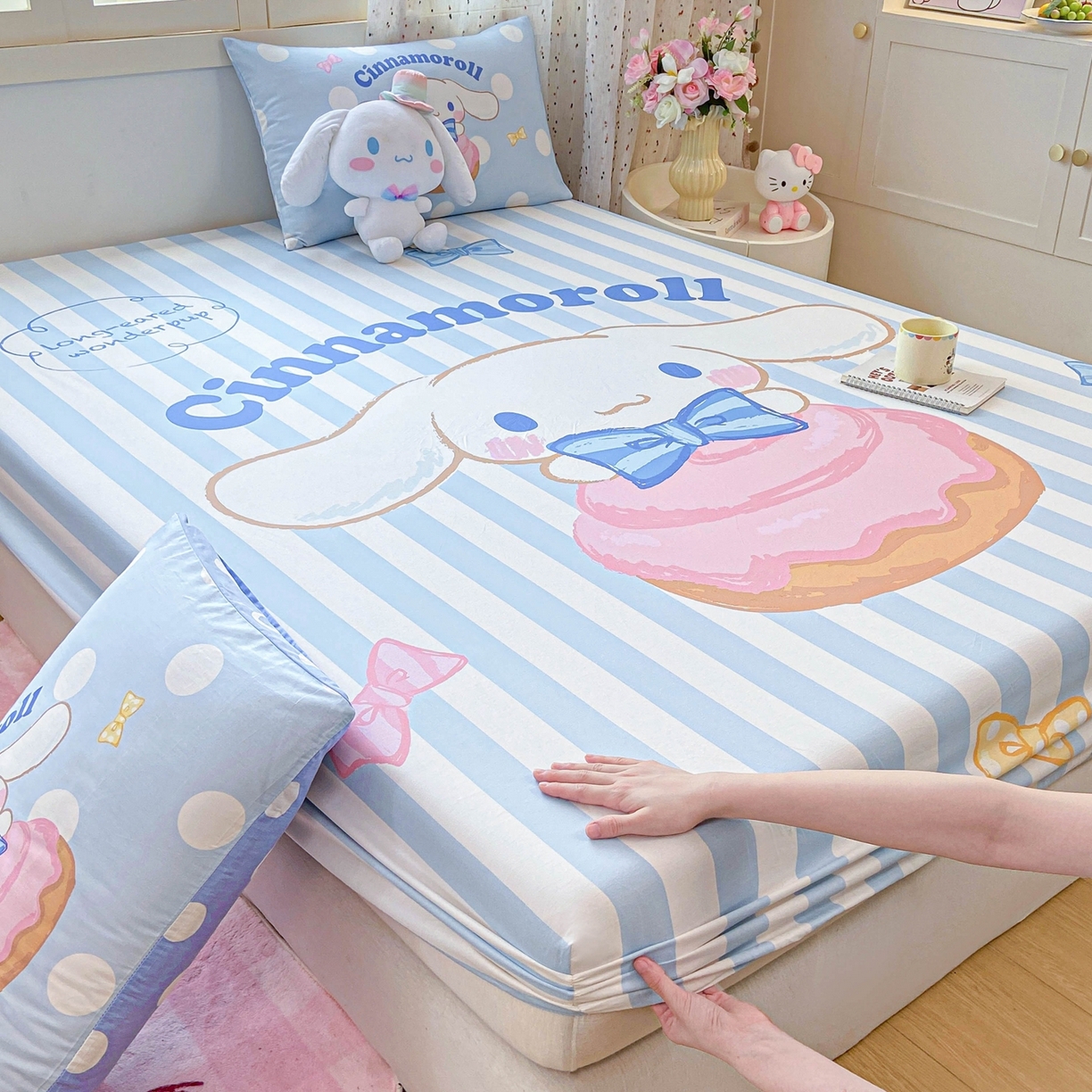 91家纺网 家纺一手货源 找家纺 博雅 2025春夏新款三丽欧大版全棉纯棉单品床笠床笠单件单床笠 全棉大版-蝴蝶结条纹玉桂狗