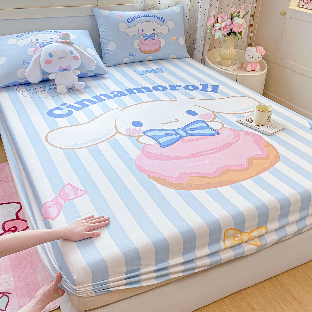 91家纺网 家纺一手货源 找家纺 博雅 2025春夏新款三丽欧大版全棉纯棉单品床笠床笠单件单床笠 全棉大版-蝴蝶结条纹玉桂狗