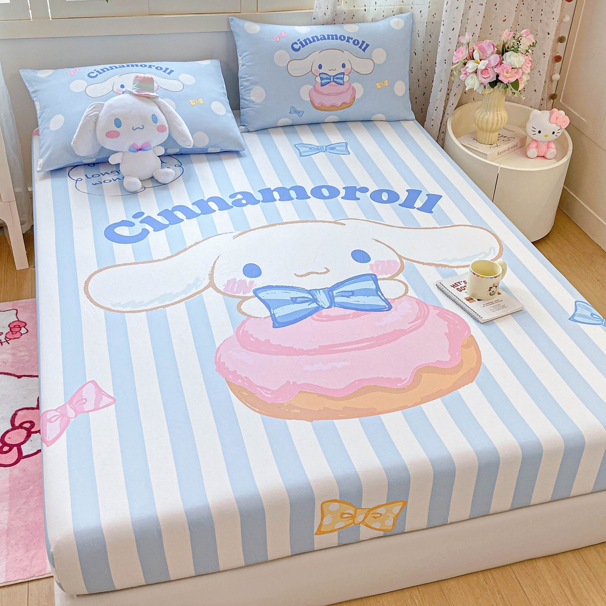 91家纺网 家纺一手货源 找家纺 博雅 2025春夏新款三丽欧大版全棉纯棉单品床笠床笠单件单床笠 全棉大版-蝴蝶结条纹玉桂狗