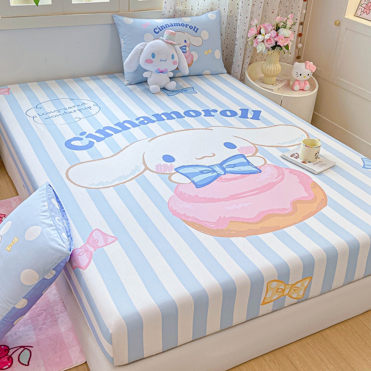 91家纺网 家纺一手货源 找家纺 博雅 2025春夏新款三丽欧大版全棉纯棉单品床笠床笠单件单床笠 全棉大版-蝴蝶结条纹玉桂狗