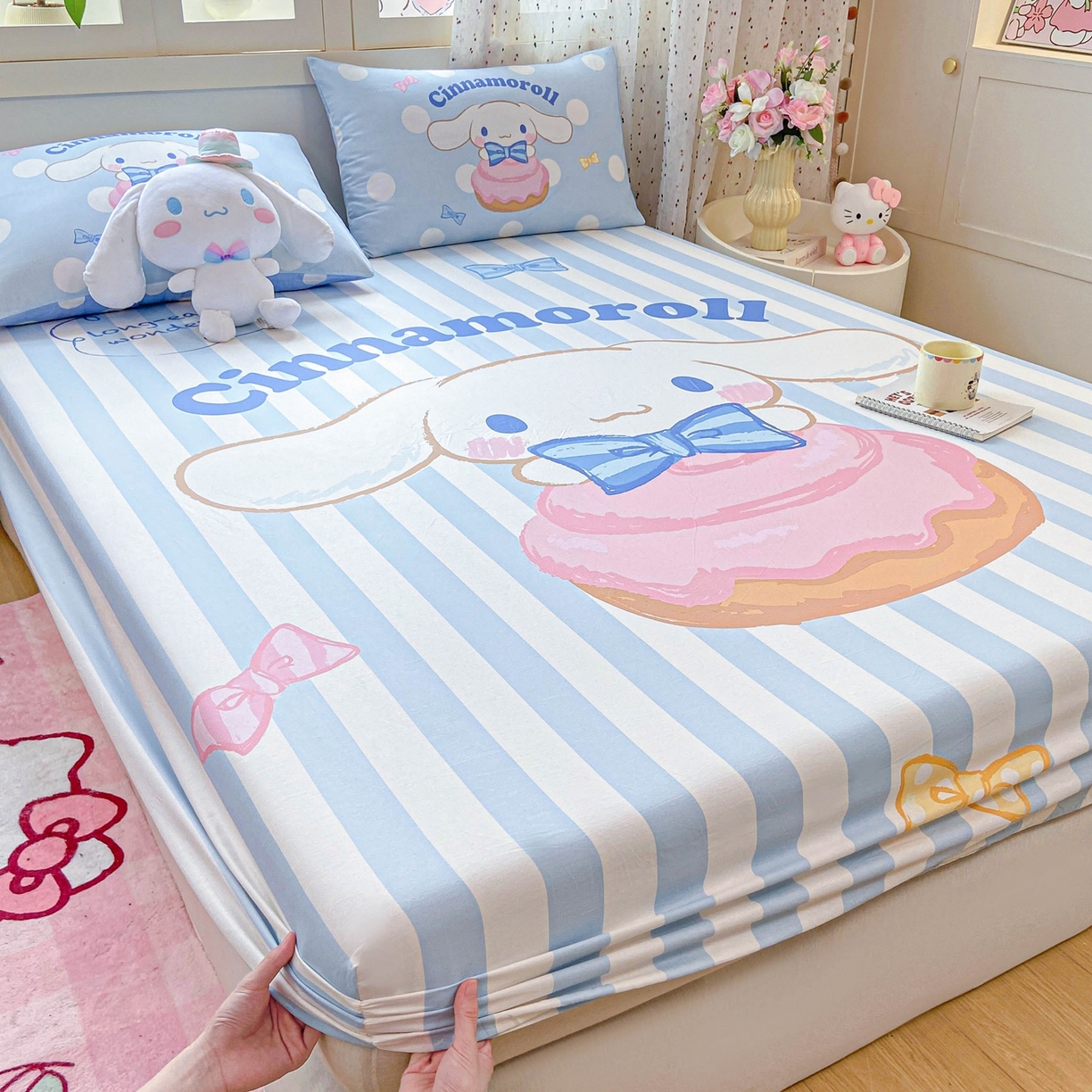 91家纺网 家纺一手货源 找家纺 博雅 2025春夏新款三丽欧大版全棉纯棉单品床笠床笠单件单床笠 全棉大版-蝴蝶结条纹玉桂狗