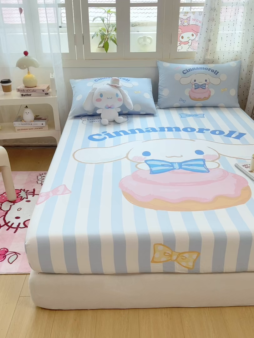 91家纺网 家纺一手货源 找家纺 博雅 2025春夏新款三丽欧大版全棉纯棉单品床笠床笠单件单床笠 全棉大版-蝴蝶结条纹玉桂狗