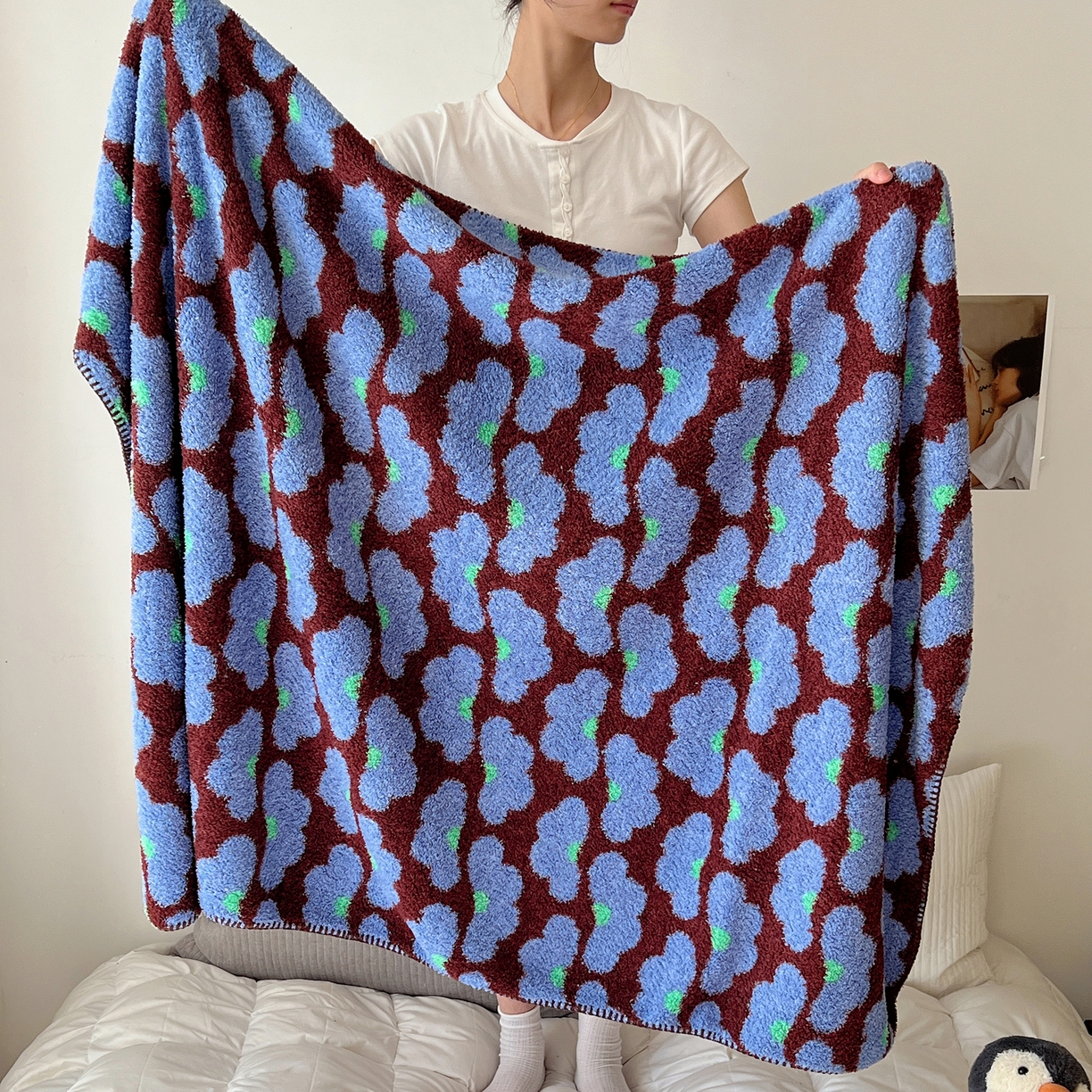 91家纺网 家纺一手货源 找家纺 舒隅家纺 A类高级感半边绒三角针毛毯毯子 芙纹-蓝