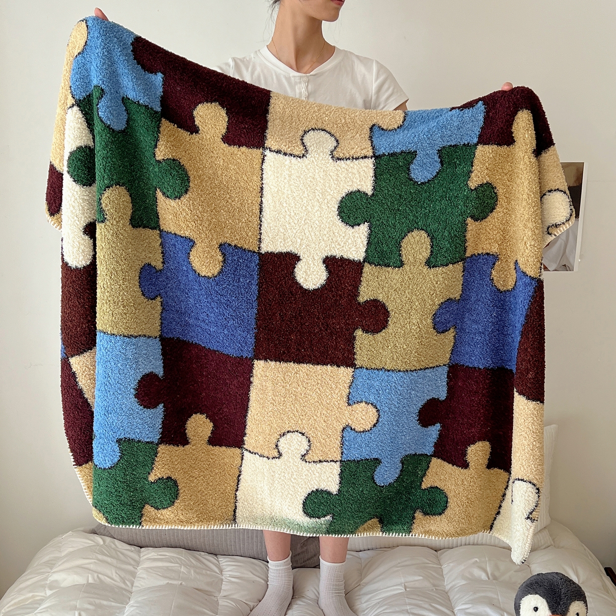 91家纺网 家纺一手货源 找家纺 舒隅家纺 A类高级感半边绒三角针毛毯毯子 拼图日记-绿