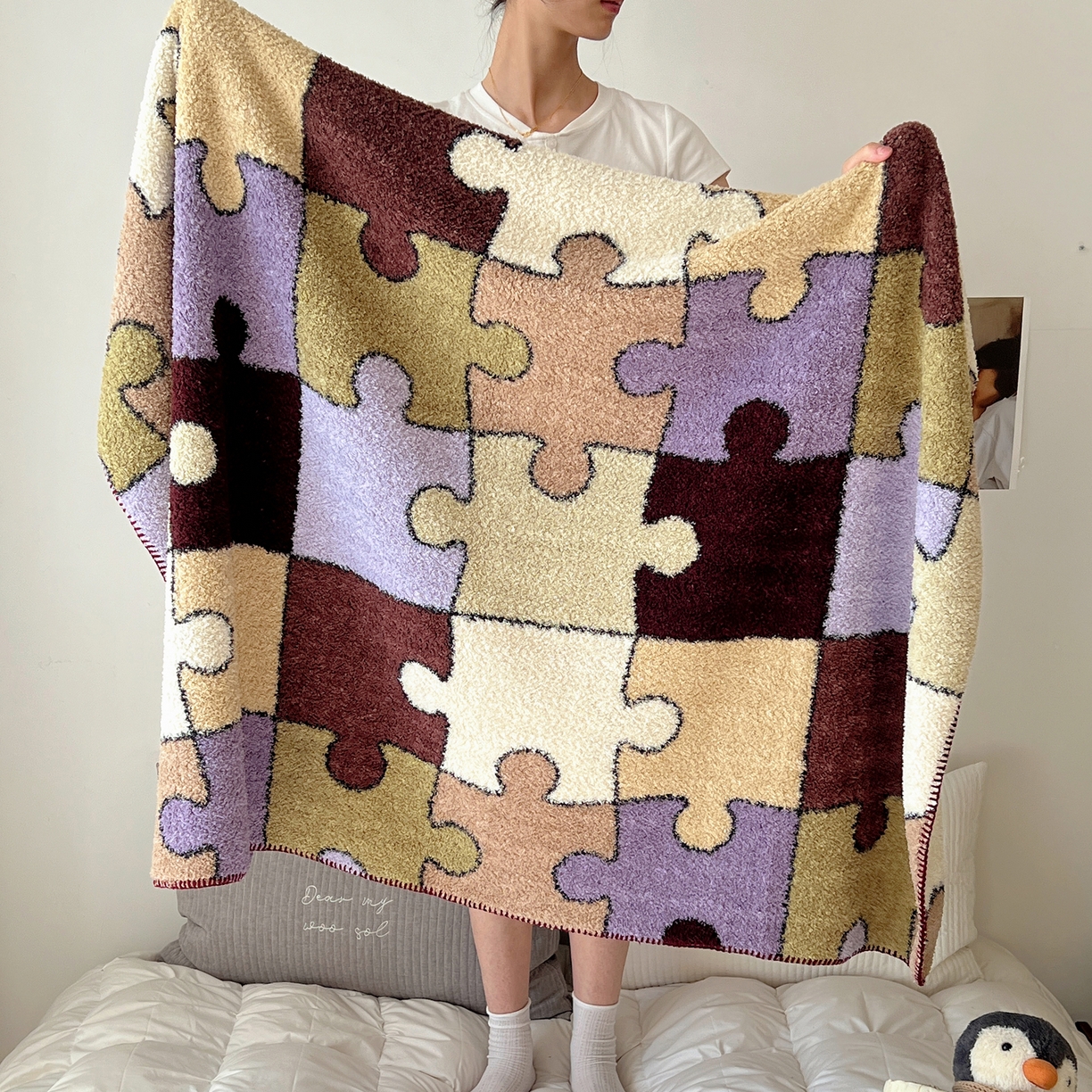 91家纺网 家纺一手货源 找家纺 舒隅家纺 A类高级感半边绒三角针毛毯毯子 拼图日记-紫