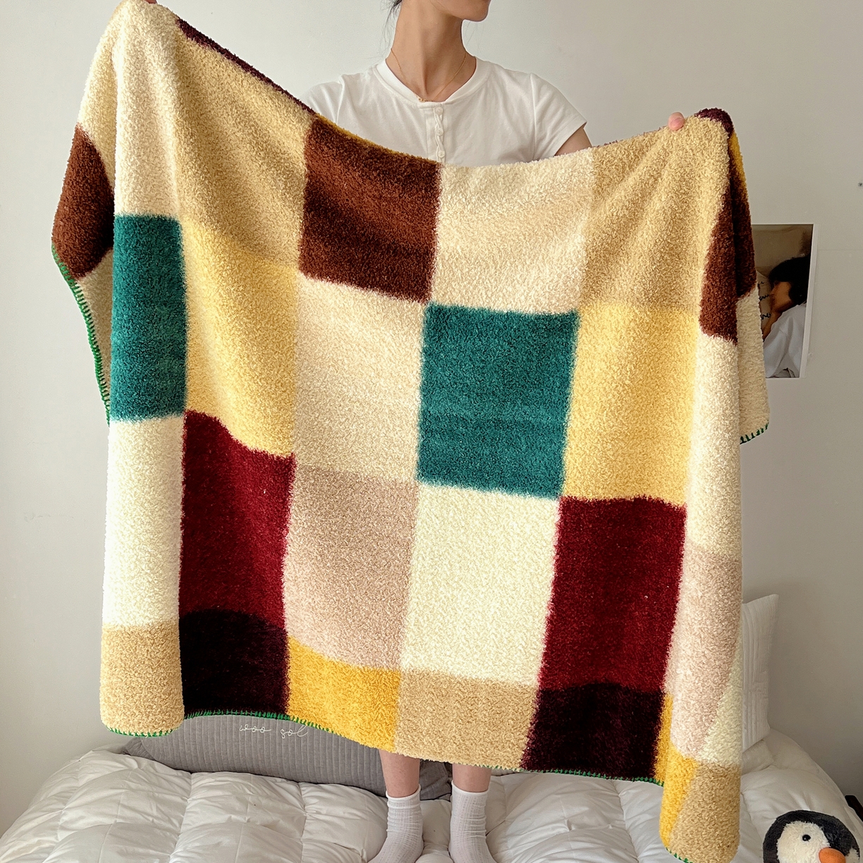 91家纺网 家纺一手货源 找家纺 舒隅家纺 A类高级感半边绒三角针毛毯毯子 棋盘格-绿