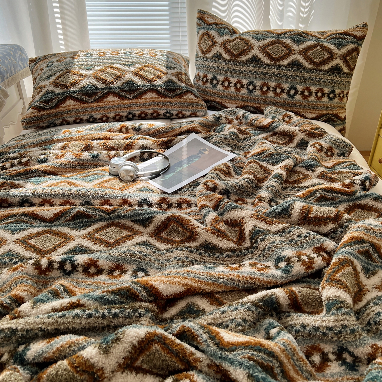 91家纺网 家纺一手货源 找家纺 舒隅家纺 A类高级感半边绒三角针毛毯毯子 波西米亚-绿