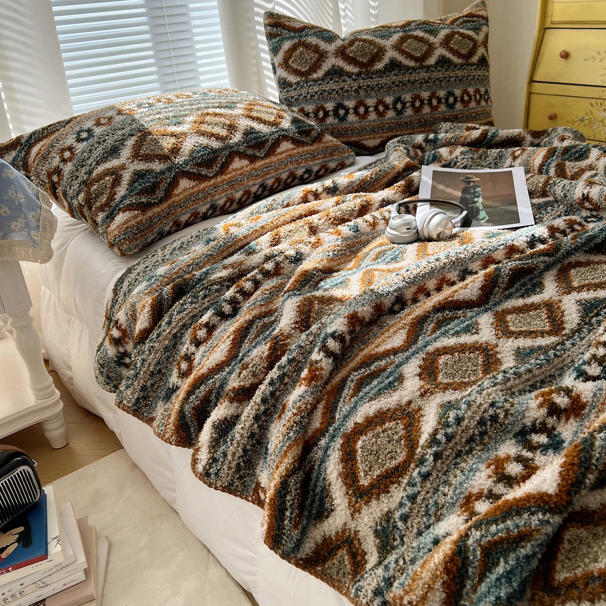 91家纺网 家纺一手货源 找家纺 舒隅家纺 A类高级感半边绒三角针毛毯毯子 波西米亚-绿