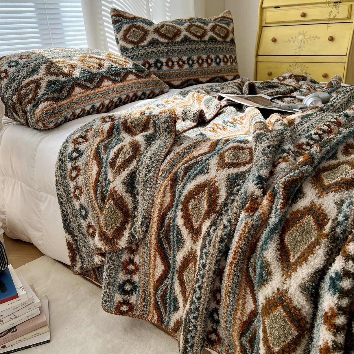 91家纺网 家纺一手货源 找家纺 舒隅家纺 A类高级感半边绒三角针毛毯毯子 波西米亚-绿