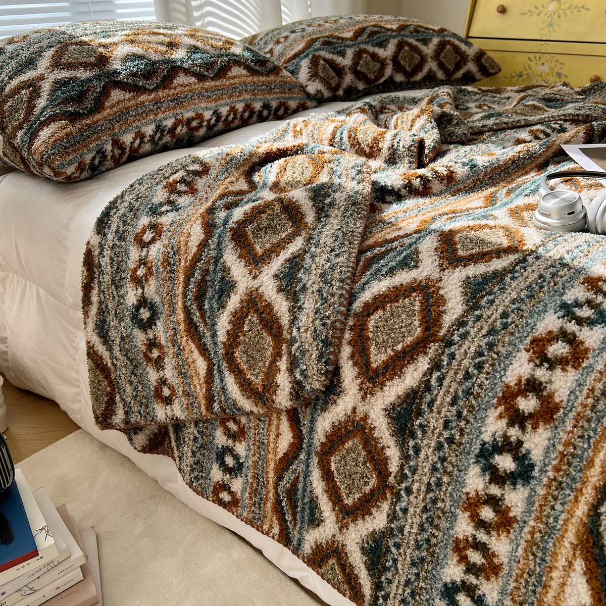 91家纺网 家纺一手货源 找家纺 舒隅家纺 A类高级感半边绒三角针毛毯毯子 波西米亚-绿