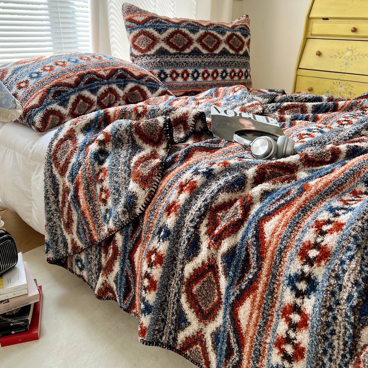 91家纺网 家纺一手货源 找家纺 舒隅家纺 A类高级感半边绒三角针毛毯毯子 波西米亚-棕