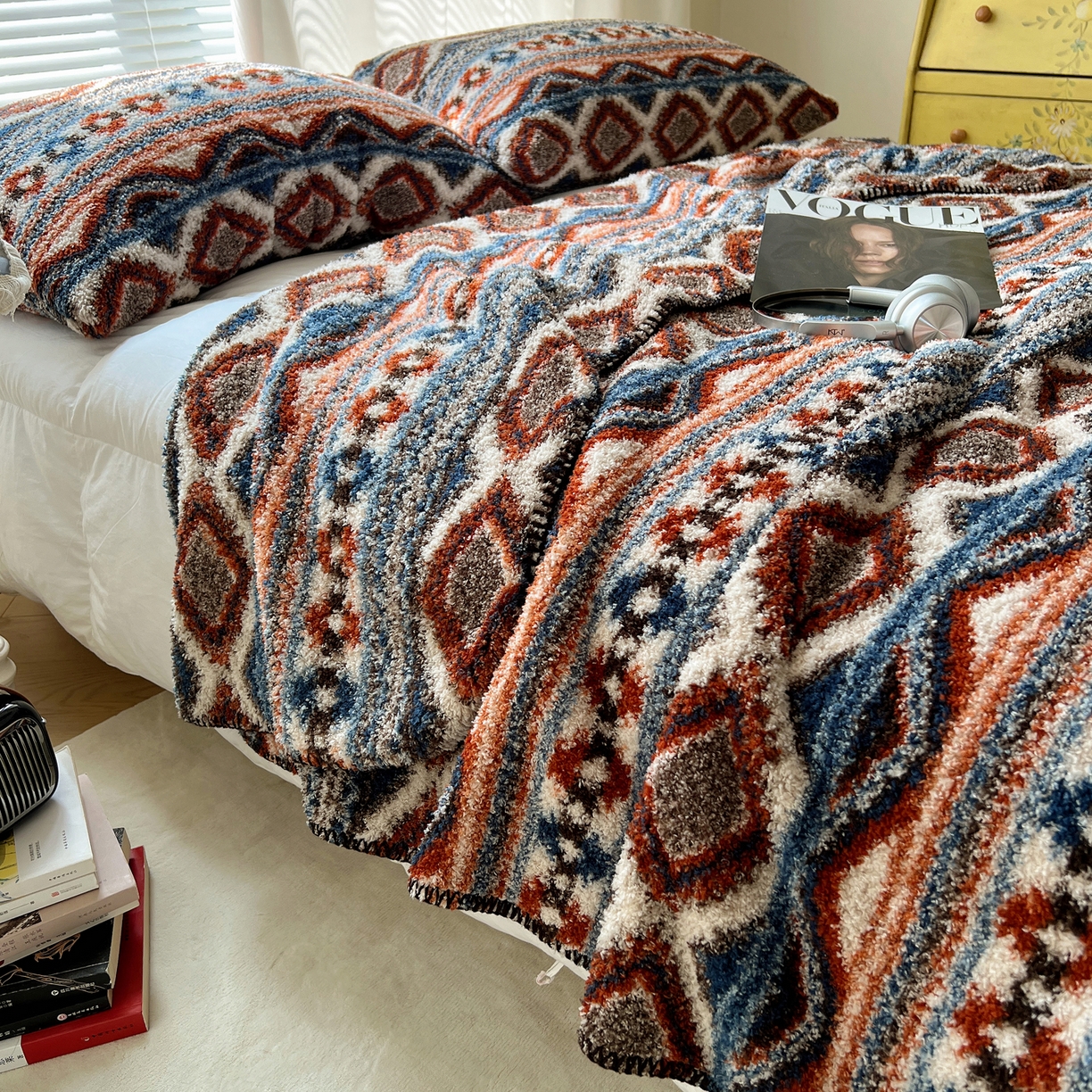 91家纺网 家纺一手货源 找家纺 舒隅家纺 A类高级感半边绒三角针毛毯毯子 波西米亚-棕