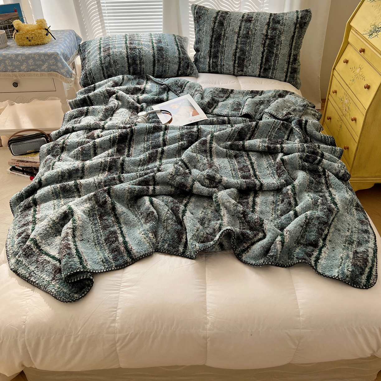 91家纺网 家纺一手货源 找家纺 舒隅家纺 A类高级感半边绒三角针毛毯毯子 黛弦-绿