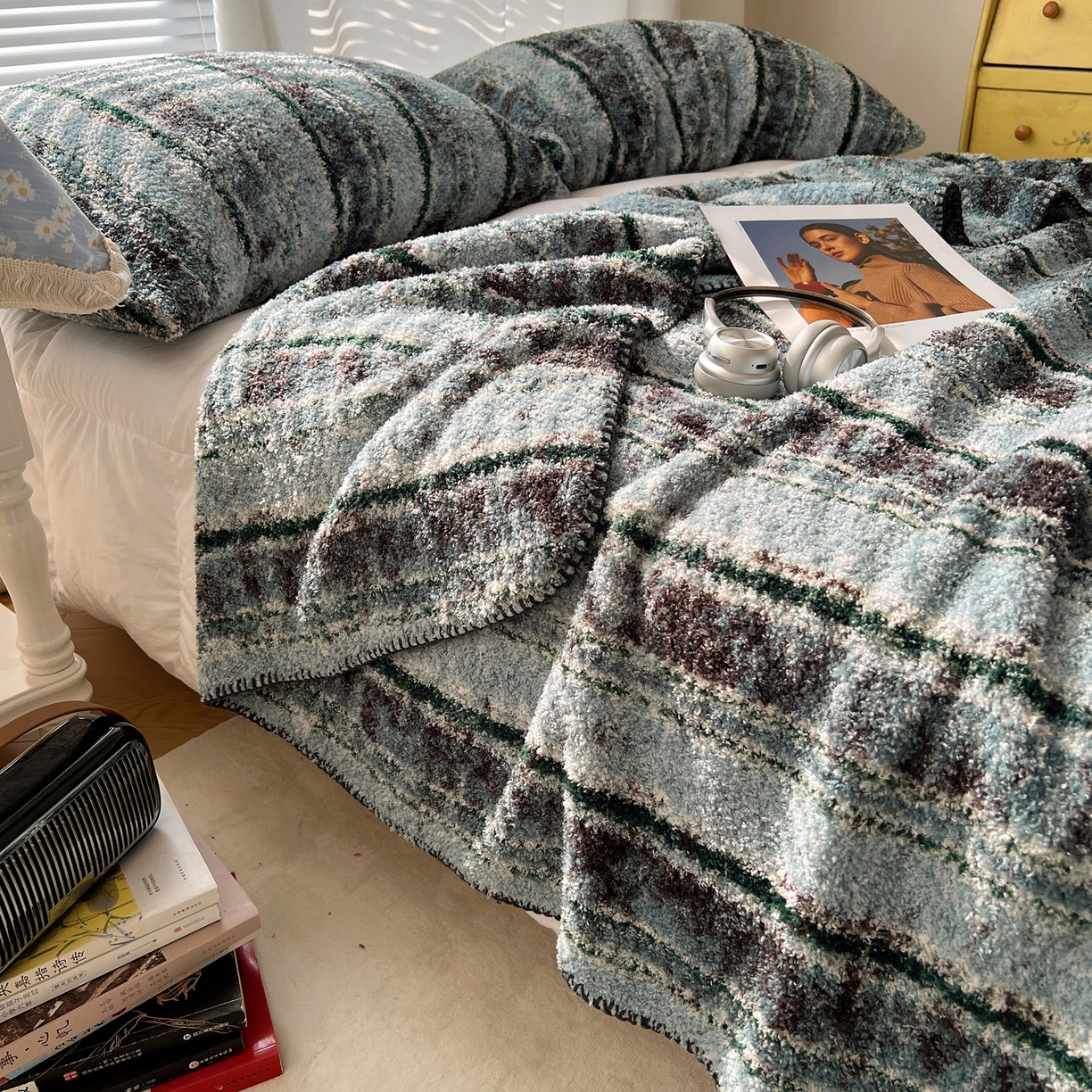 91家纺网 家纺一手货源 找家纺 舒隅家纺 A类高级感半边绒三角针毛毯毯子 黛弦-绿