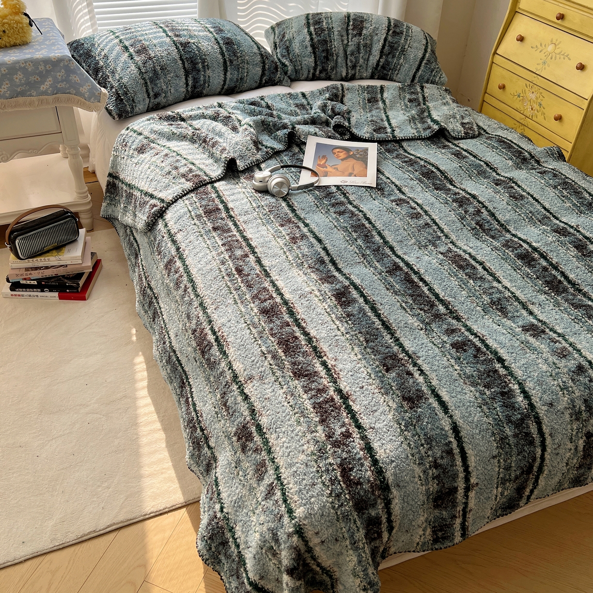 91家纺网 家纺一手货源 找家纺 舒隅家纺 A类高级感半边绒三角针毛毯毯子 黛弦-绿