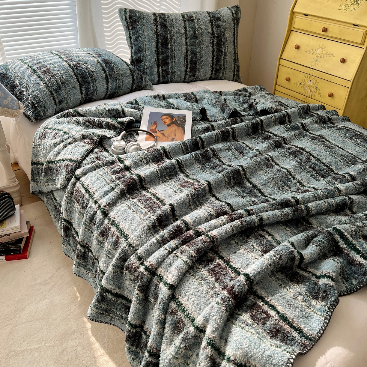 91家纺网 家纺一手货源 找家纺 舒隅家纺 A类高级感半边绒三角针毛毯毯子 黛弦-绿