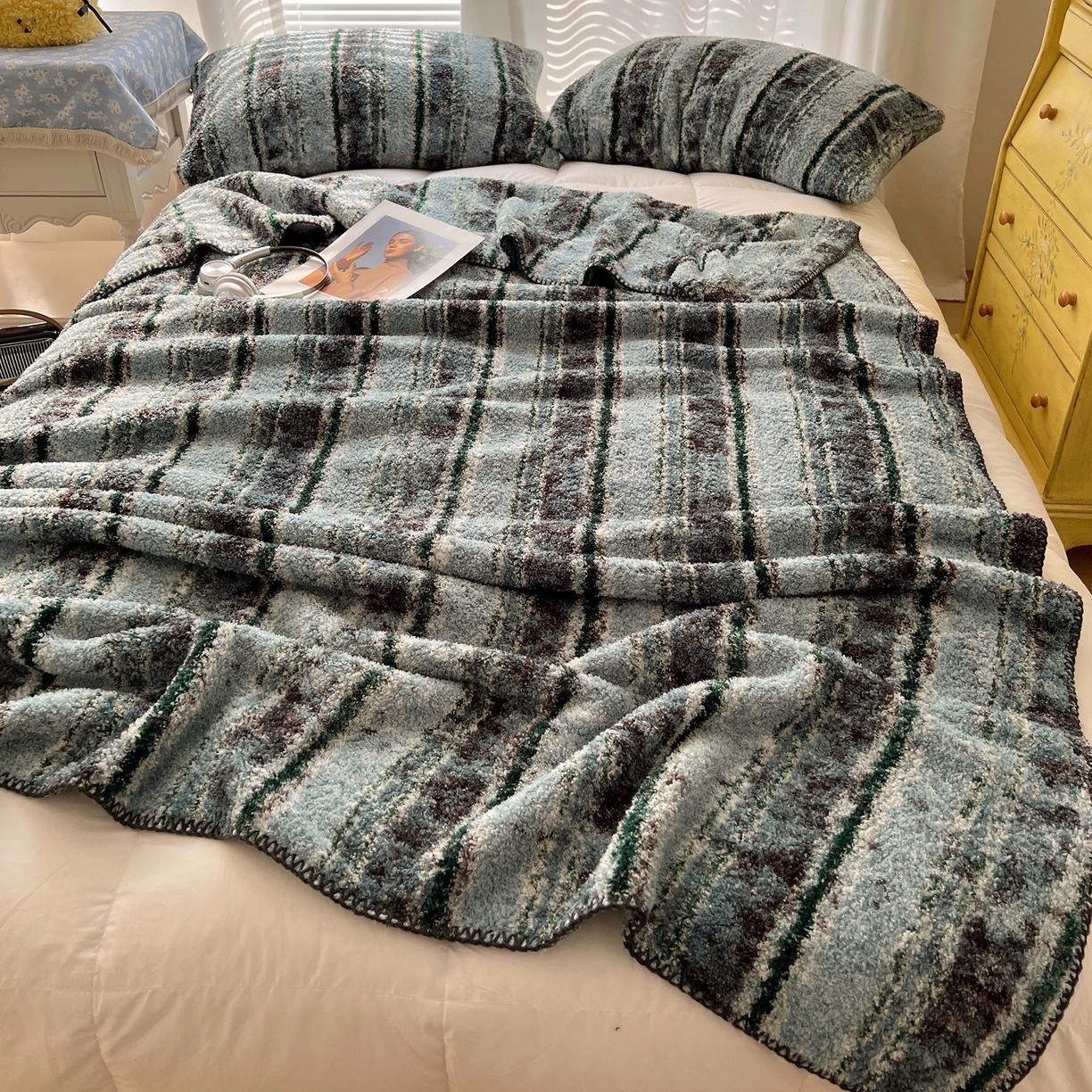 91家纺网 家纺一手货源 找家纺 舒隅家纺 A类高级感半边绒三角针毛毯毯子 黛弦-绿