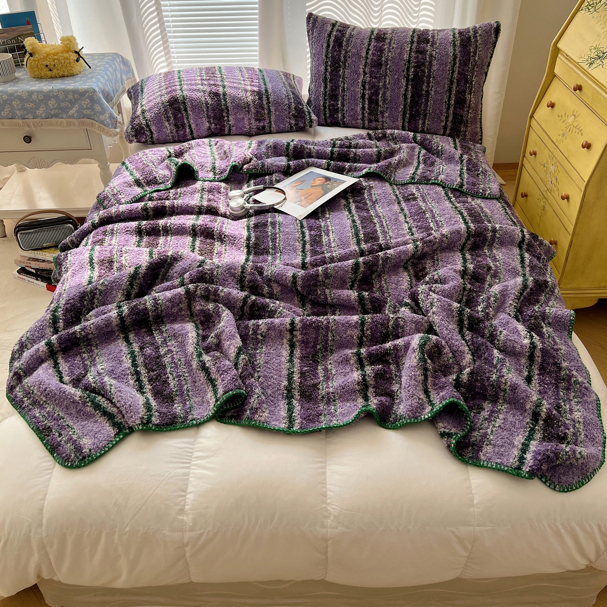 91家纺网 家纺一手货源 找家纺 舒隅家纺 A类高级感半边绒三角针毛毯毯子 黛弦-紫