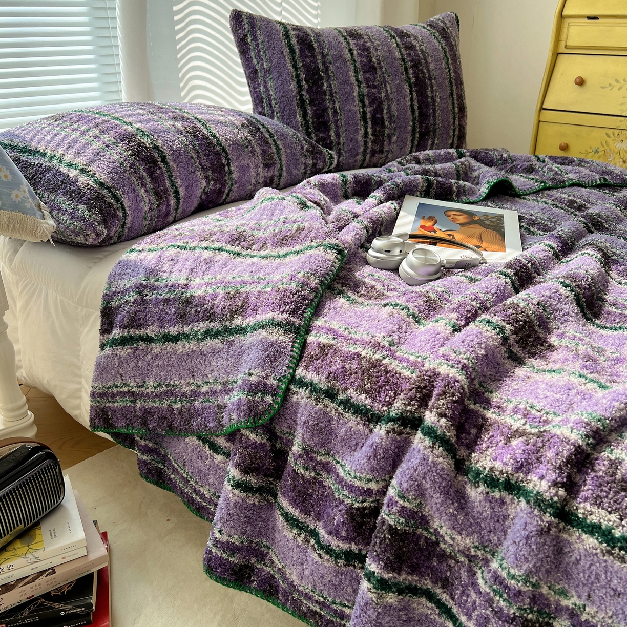 91家纺网 家纺一手货源 找家纺 舒隅家纺 A类高级感半边绒三角针毛毯毯子 黛弦-紫