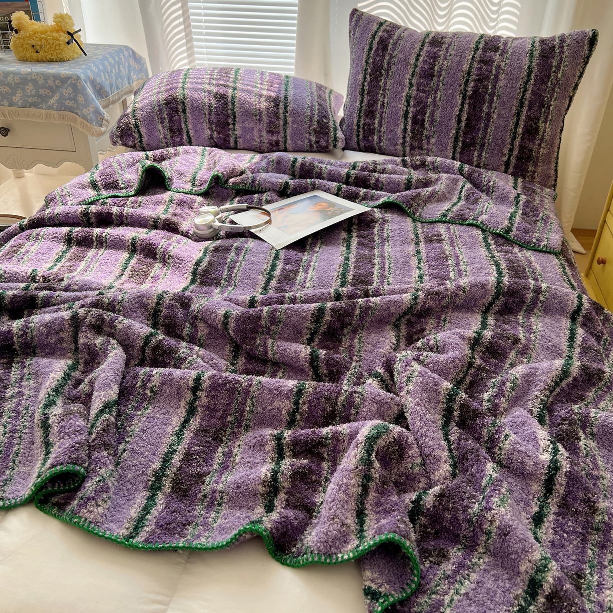 91家纺网 家纺一手货源 找家纺 舒隅家纺 A类高级感半边绒三角针毛毯毯子 黛弦-紫