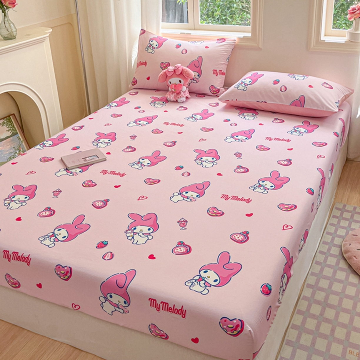 91家纺网 家纺一手货源 找家纺 博雅 2025春夏新款三丽欧小版全棉纯棉单品床笠床笠单件单床笠 爱心草莓美乐蒂