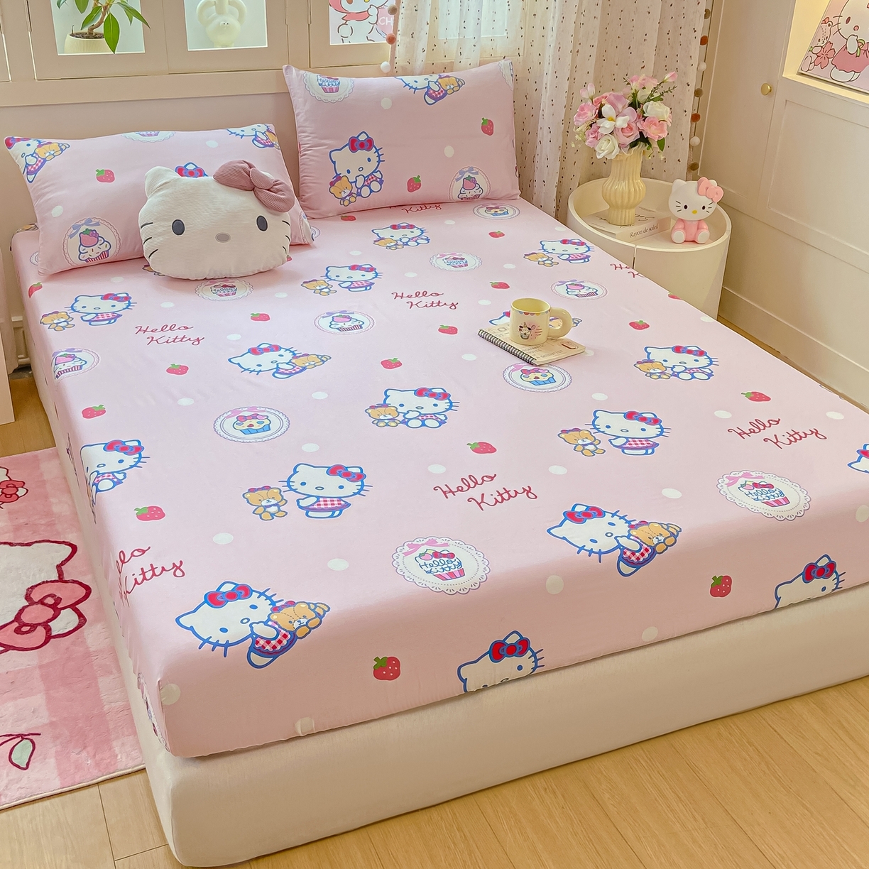 91家纺网 家纺一手货源 找家纺 博雅 2025春夏新款三丽欧小版全棉纯棉单品床笠床笠单件单床笠 草莓蛋糕KT