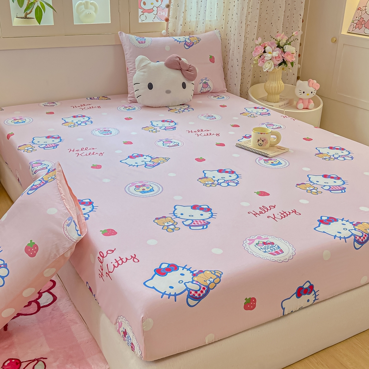 91家纺网 家纺一手货源 找家纺 博雅 2025春夏新款三丽欧小版全棉纯棉单品床笠床笠单件单床笠 草莓蛋糕KT