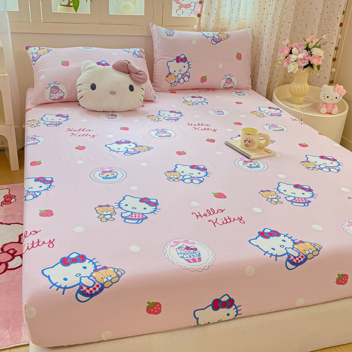 91家纺网 家纺一手货源 找家纺 博雅 2025春夏新款三丽欧小版全棉纯棉单品床笠床笠单件单床笠 草莓蛋糕KT