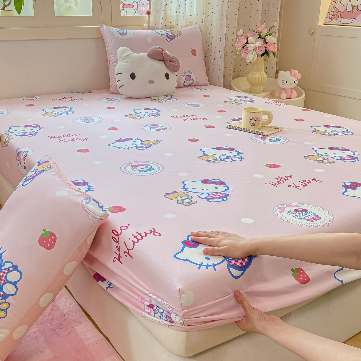 91家纺网 家纺一手货源 找家纺 博雅 2025春夏新款三丽欧小版全棉纯棉单品床笠床笠单件单床笠 草莓蛋糕KT