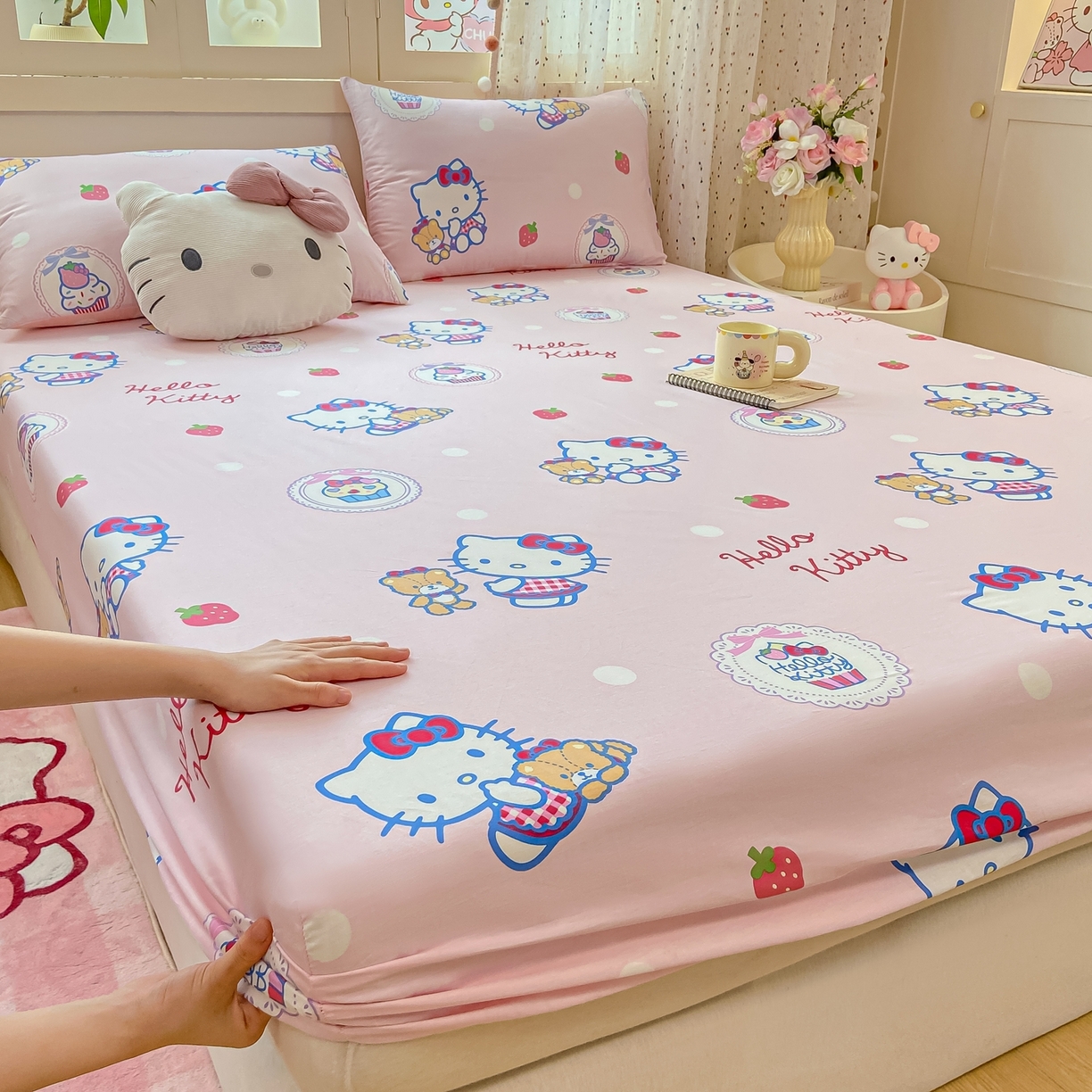 91家纺网 家纺一手货源 找家纺 博雅 2025春夏新款三丽欧小版全棉纯棉单品床笠床笠单件单床笠 草莓蛋糕KT