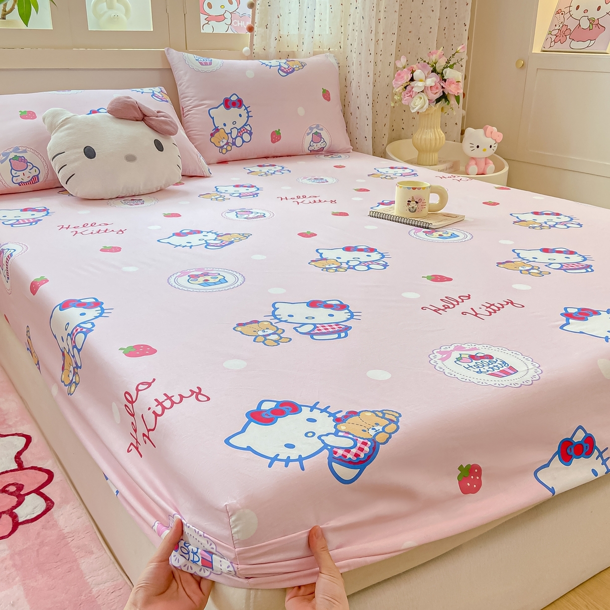 91家纺网 家纺一手货源 找家纺 博雅 2025春夏新款三丽欧小版全棉纯棉单品床笠床笠单件单床笠 草莓蛋糕KT