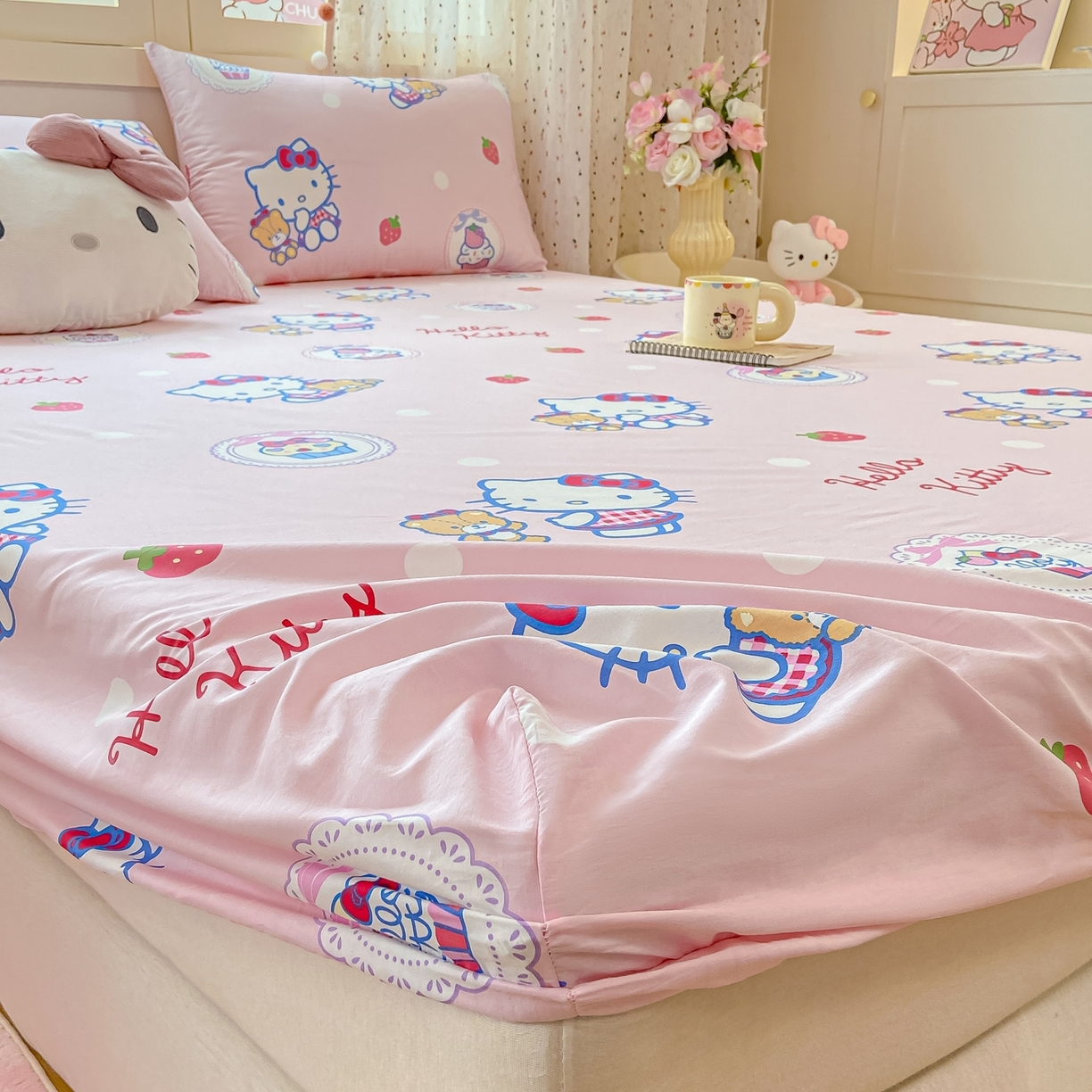 91家纺网 家纺一手货源 找家纺 博雅 2025春夏新款三丽欧小版全棉纯棉单品床笠床笠单件单床笠 草莓蛋糕KT