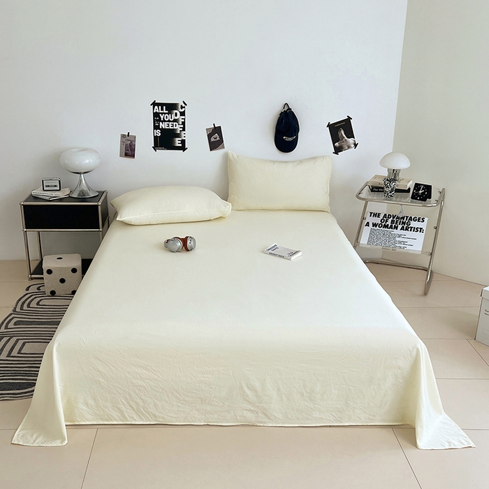 91家纺网 家纺一手货源 找家纺 优尚佳生活馆 2025新款亲肤水洗棉纯色单品床单 奶酪白