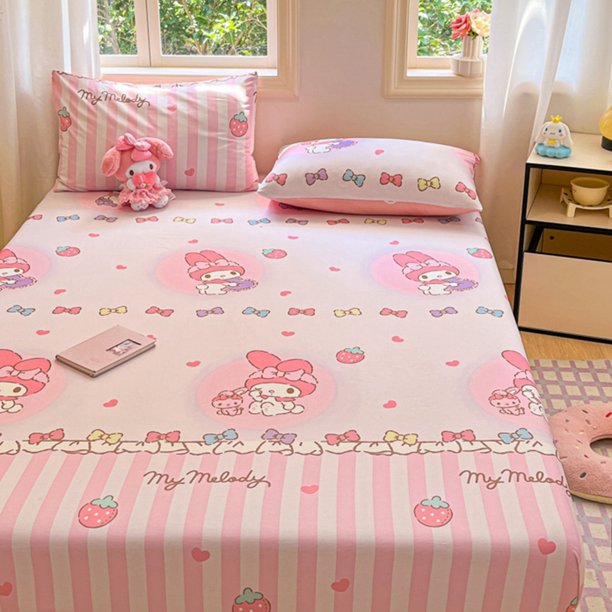 91家纺网 家纺一手货源 找家纺 博雅 2025春夏新款三丽欧小版全棉纯棉单品床笠床笠单件单床笠 草莓条纹美乐蒂